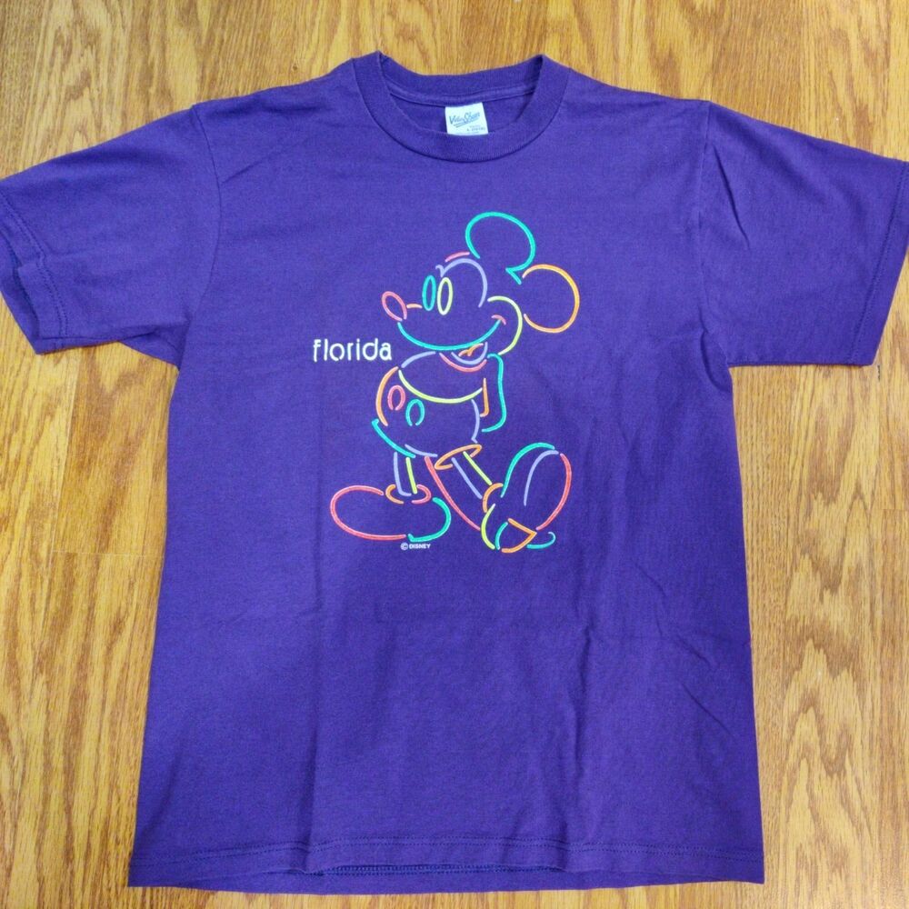 Vintage Disney Neon Mickey Mouse Velva Sheen Size L Youth Tee Made In USA Purple